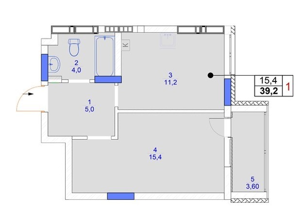 ЖК Садочок: планування 1-кімнатної квартири 39.2 м²