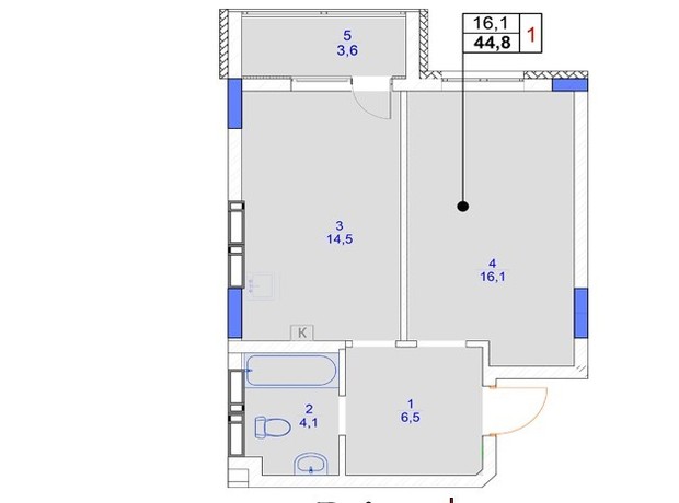 ЖК Садочок: планування 1-кімнатної квартири 44.8 м²