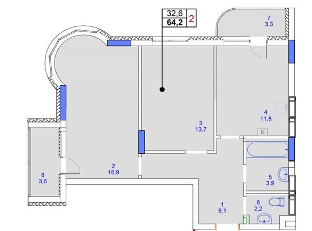 ЖК Садочок: планировка 2-комнатной квартиры 64.2 м²