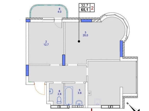 ЖК Садочок: планировка 2-комнатной квартиры 65.1 м²