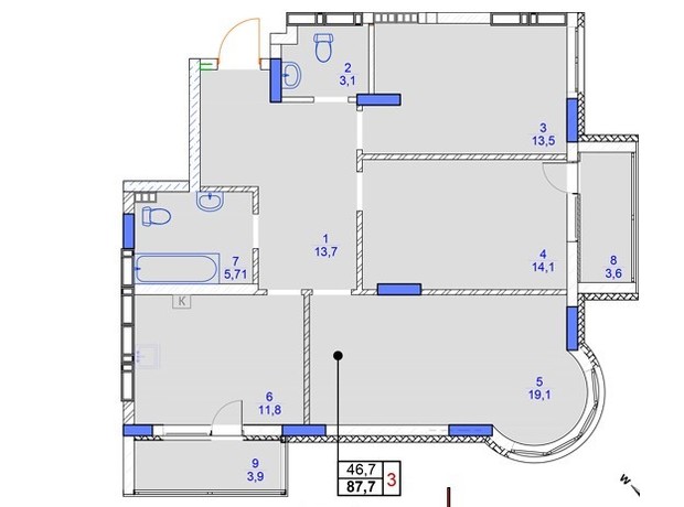 ЖК Садочок: планування 3-кімнатної квартири 87.7 м²