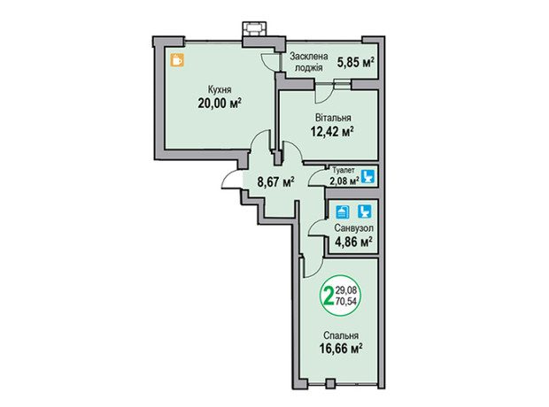 ЖК Эко-Дом на Надийний: планировка 2-комнатной квартиры 70.54 м²