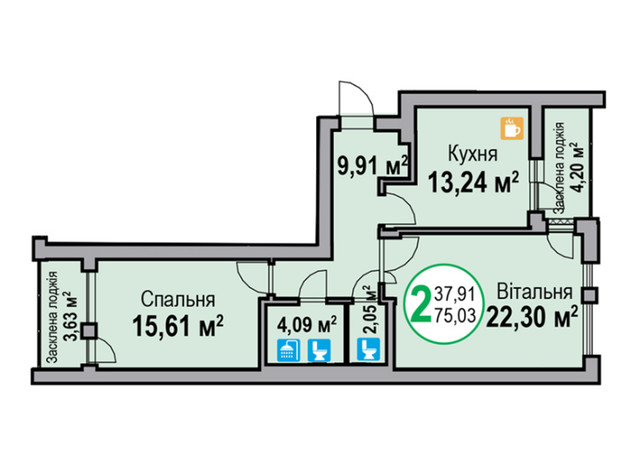 ЖК Эко-Дом на Надийний: планировка 2-комнатной квартиры 75.03 м²