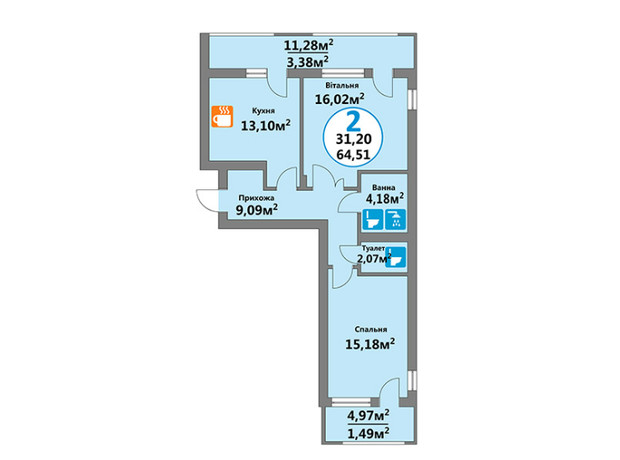 ЖК Эко-Дом на Надийний: планировка 2-комнатной квартиры 64.51 м²