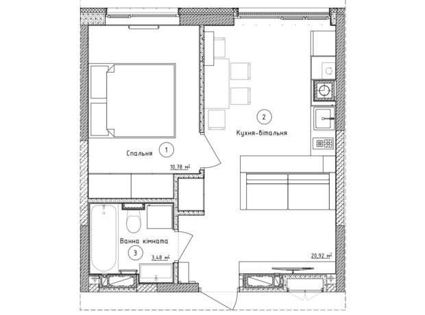 ЖК Оптимісто: планування 1-кімнатної квартири 34.7 м²