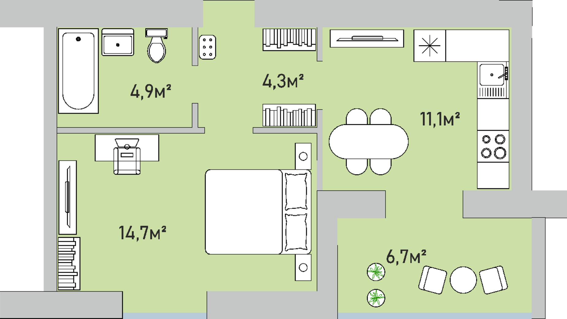 Планування 1-кімнатної квартири в ЖК Park Estate 41.7 м², фото 695779