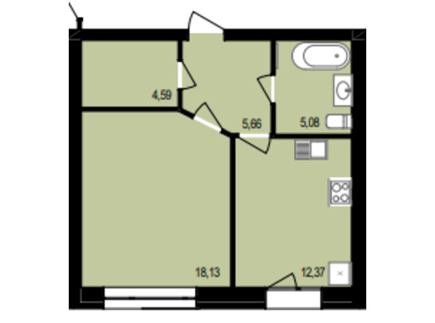 Клубный дом  Лагом +: планировка 1-комнатной квартиры 45.83 м²