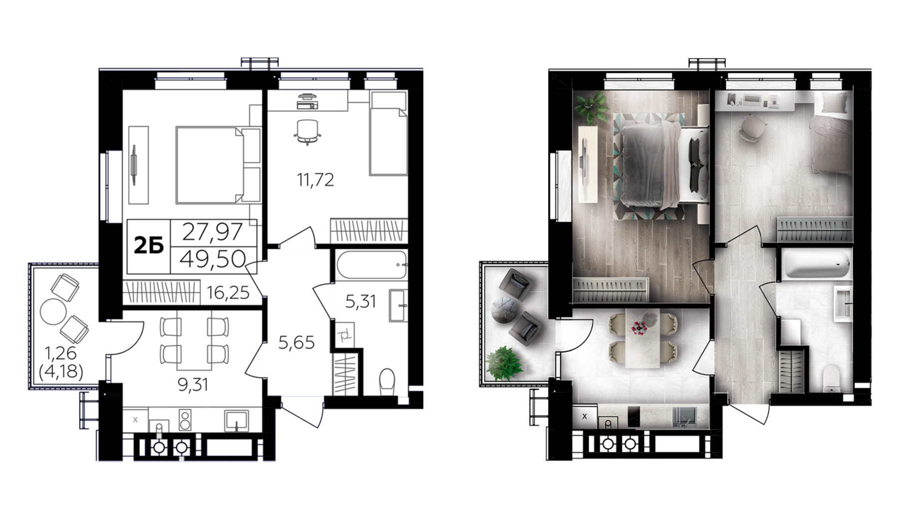 Планировка 2-комнатной квартиры в ЖК Семейный Comfort 2 49.5 м², фото 696014