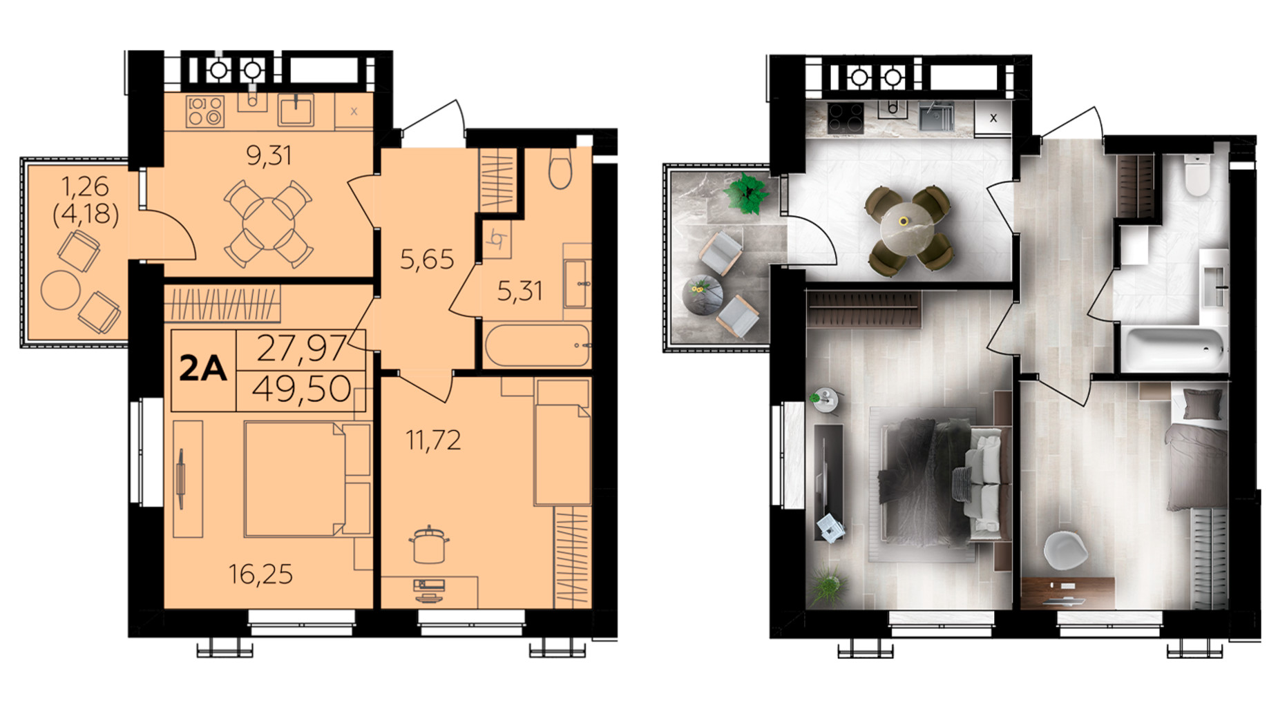 Планування 2-кімнатної квартири в ЖК Сімейний Comfort 2 49.5 м², фото 696015