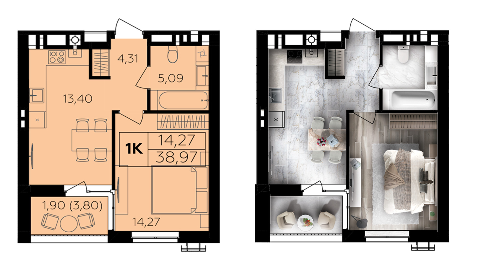 Планировка 1-комнатной квартиры в ЖК Семейный Comfort 2 38.97 м², фото 696017