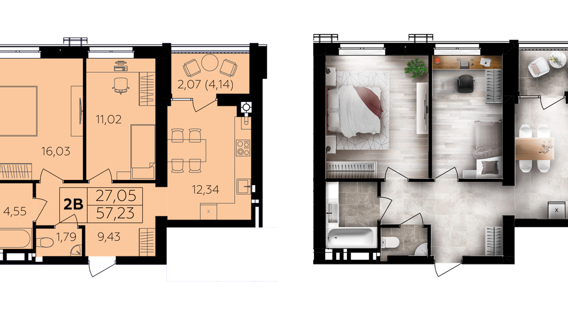 Планировка 2-комнатной квартиры в ЖК Семейный Comfort 2 57.23 м², фото 696018