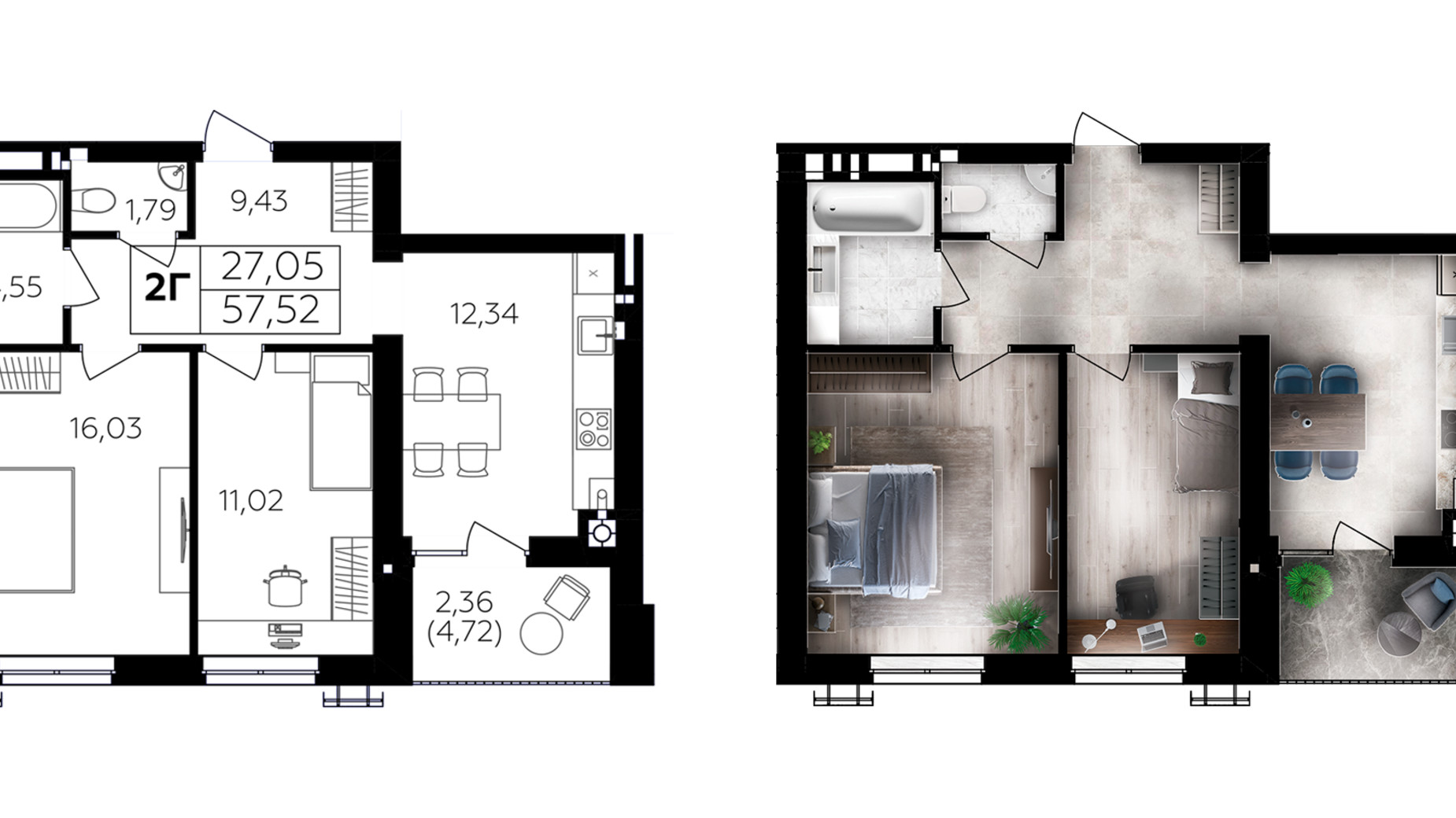 Планировка 2-комнатной квартиры в ЖК Семейный Comfort 2 57.52 м², фото 696020