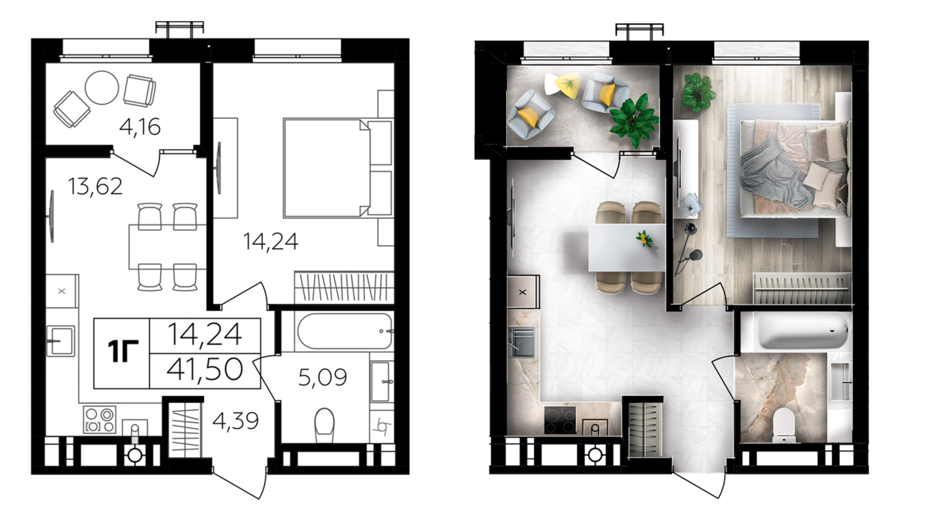 Планування 1-кімнатної квартири в ЖК Сімейний Comfort 2 41.5 м², фото 696021