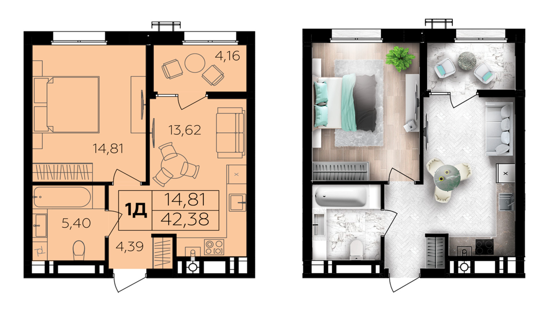 Планировка 1-комнатной квартиры в ЖК Семейный Comfort 2 42.38 м², фото 696023