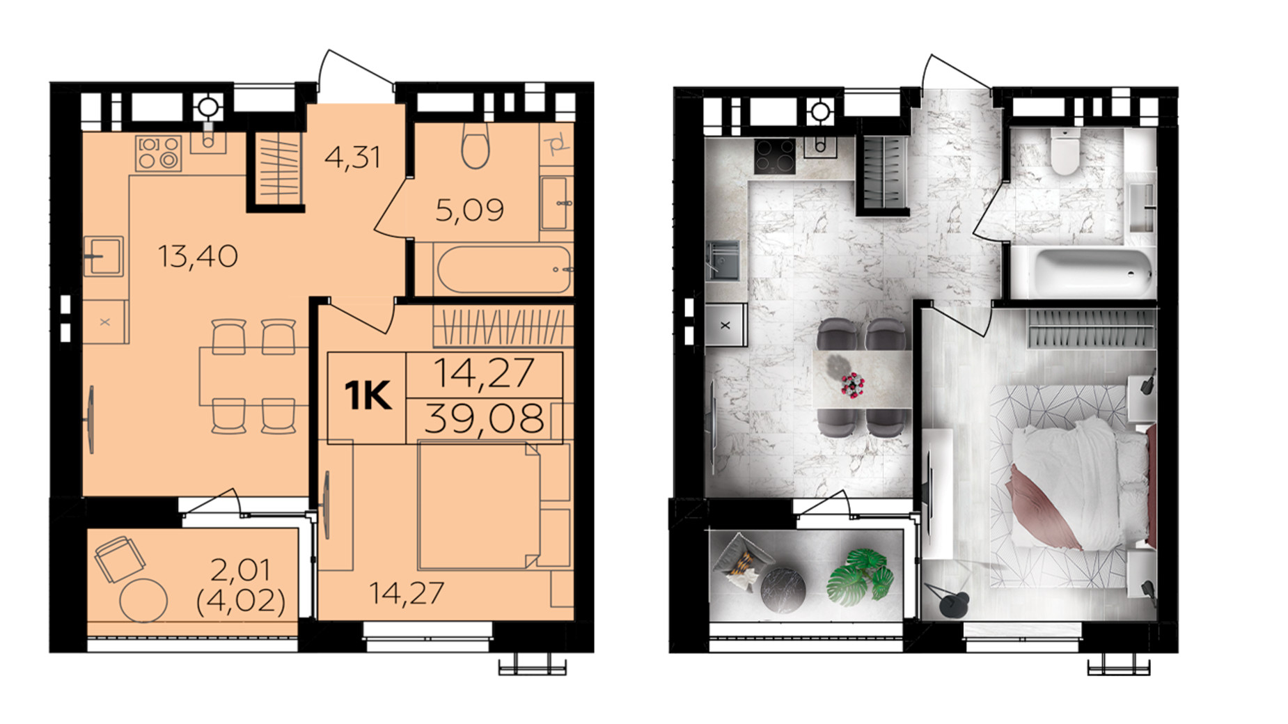 Планування 1-кімнатної квартири в ЖК Сімейний Comfort 2 39.08 м², фото 696024