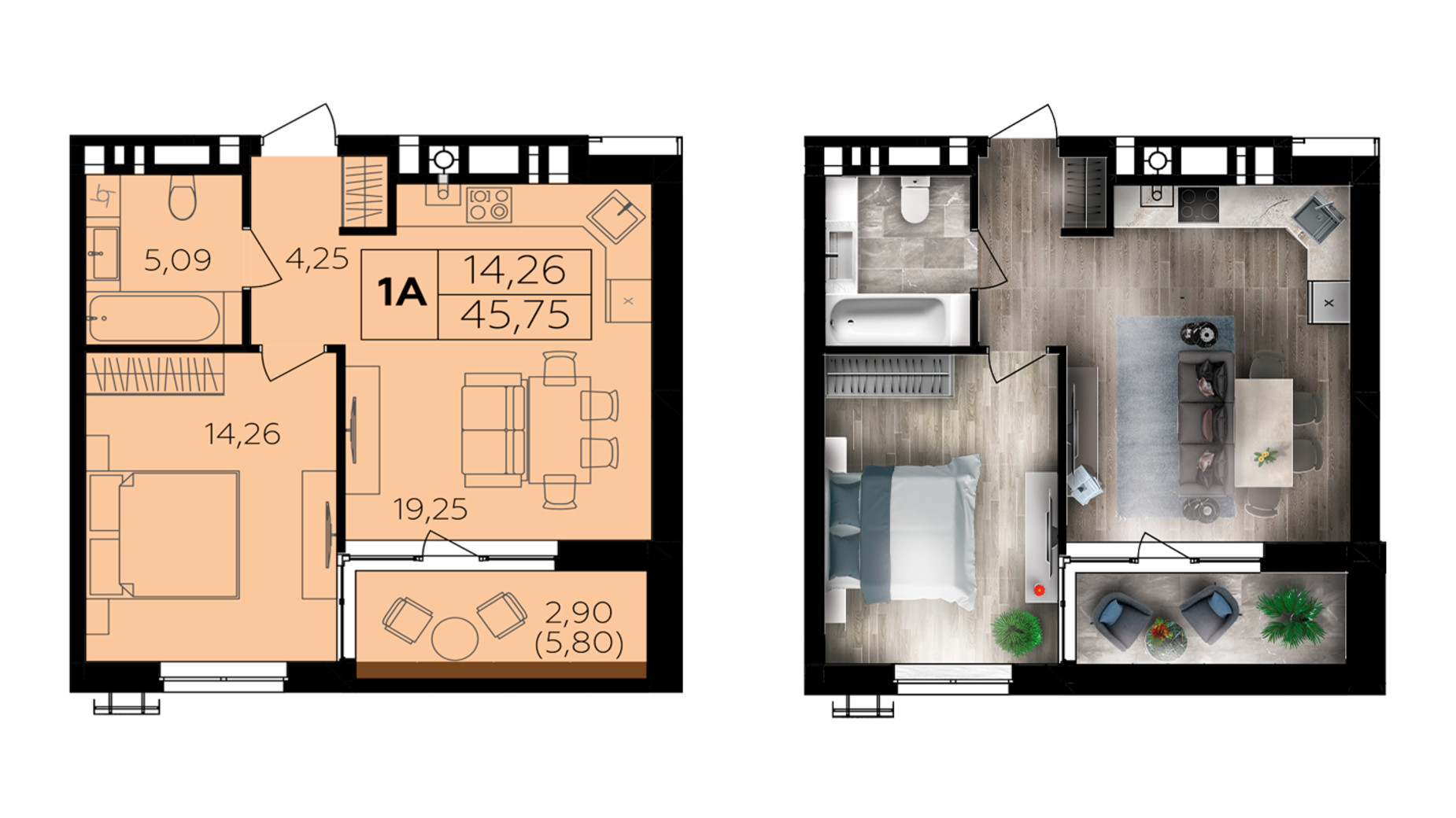 Планировка 1-комнатной квартиры в ЖК Семейный Comfort 2 45.75 м², фото 696025