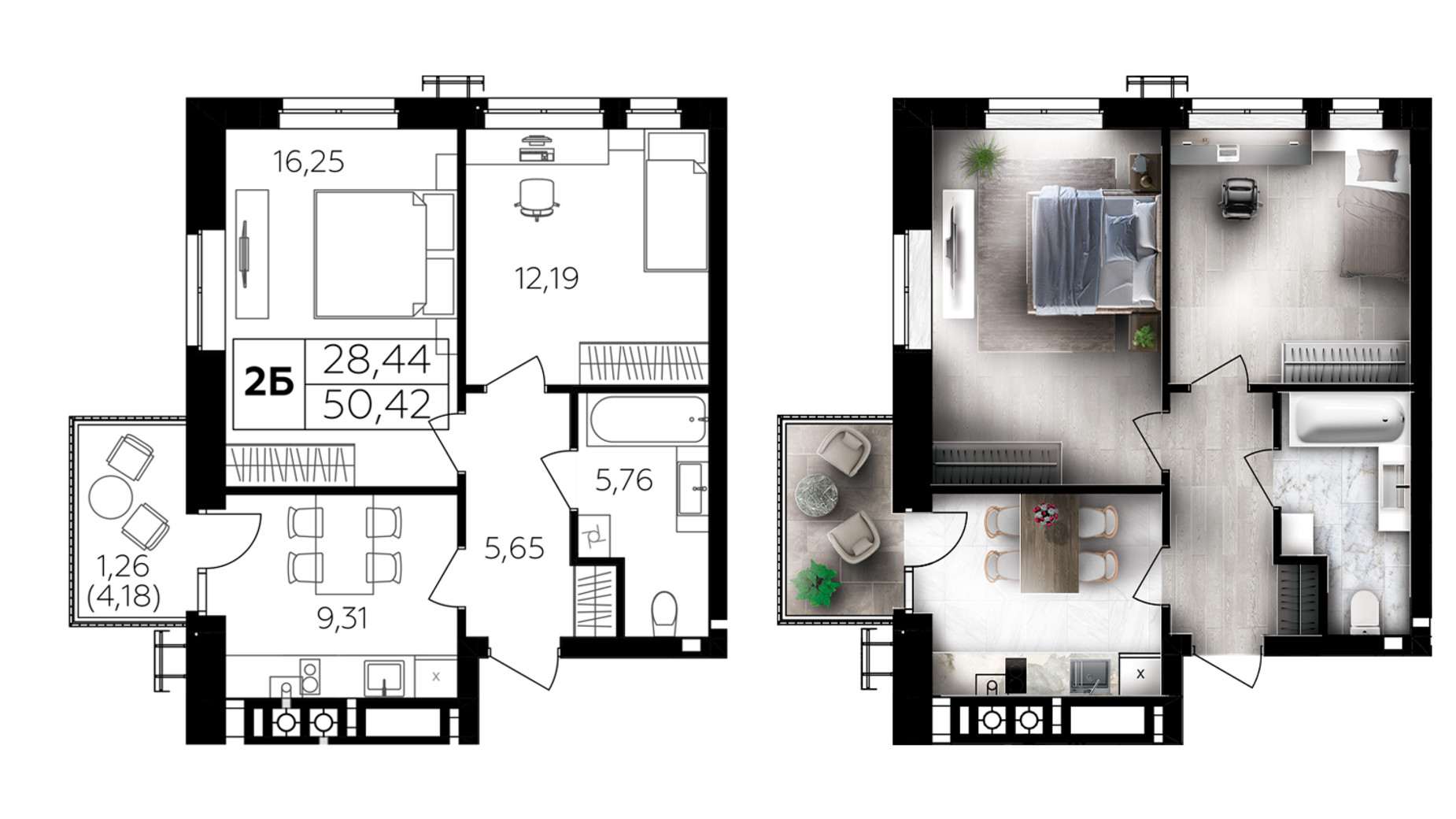 Планировка 2-комнатной квартиры в ЖК Семейный Comfort 2 50.42 м², фото 696026