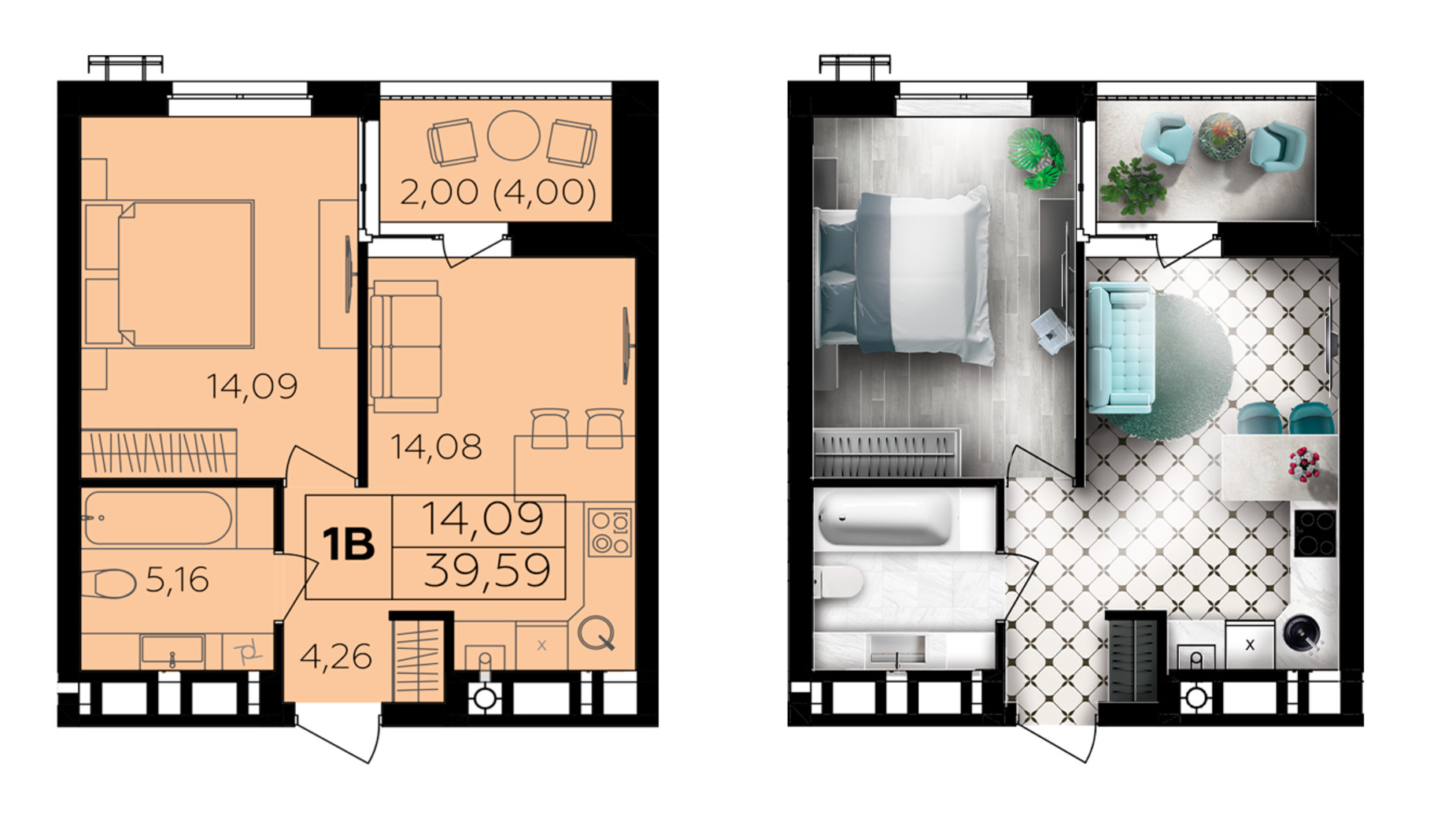 Планировка 1-комнатной квартиры в ЖК Семейный Comfort 2 39.59 м², фото 696028