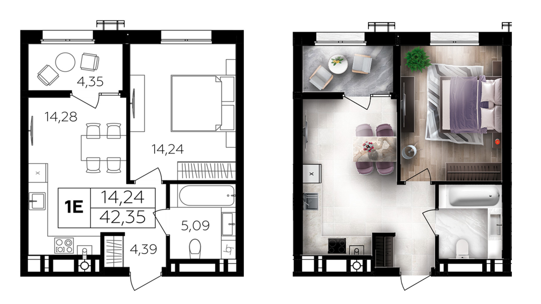 Планування 1-кімнатної квартири в ЖК Сімейний Comfort 2 42.35 м², фото 696029