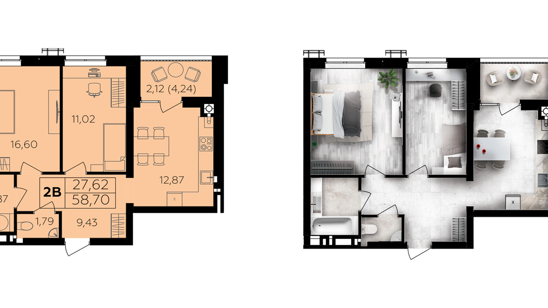 Планування 2-кімнатної квартири в ЖК Сімейний Comfort 2 58.7 м², фото 696030