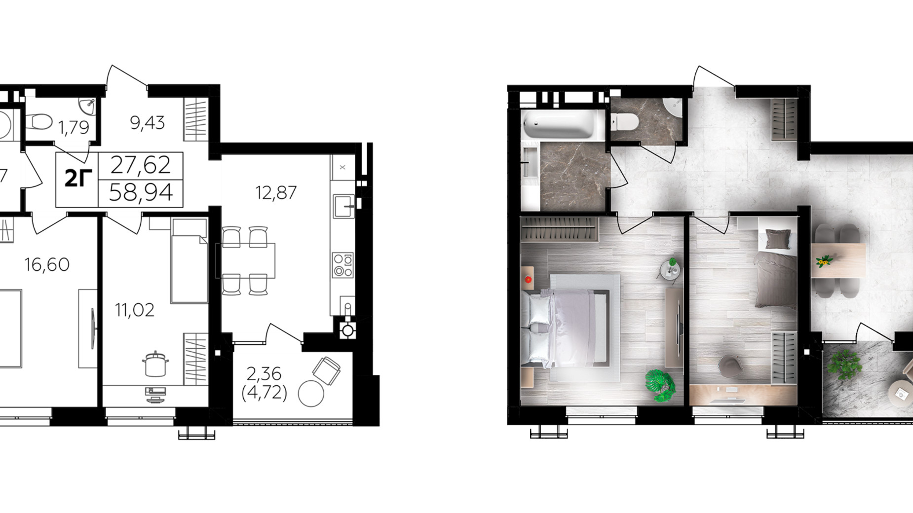 Планування 2-кімнатної квартири в ЖК Сімейний Comfort 2 58.94 м², фото 696032