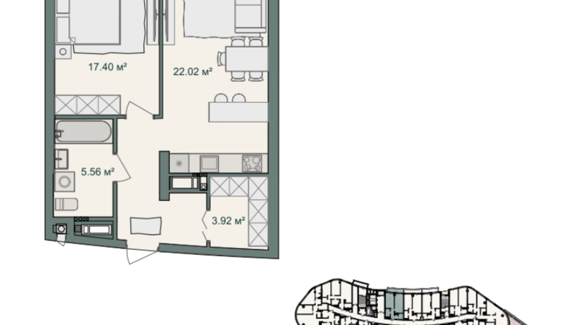 Планировка 1-комнатной квартиры в ЖК Delrey 59.74 м², фото 696108
