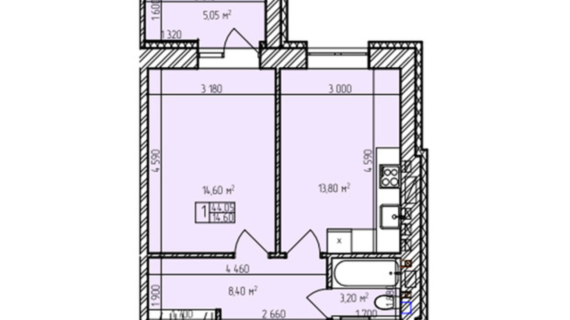Планировка 1-комнатной квартиры в ЖК Автобиография Парк 44.05 м², фото 696139