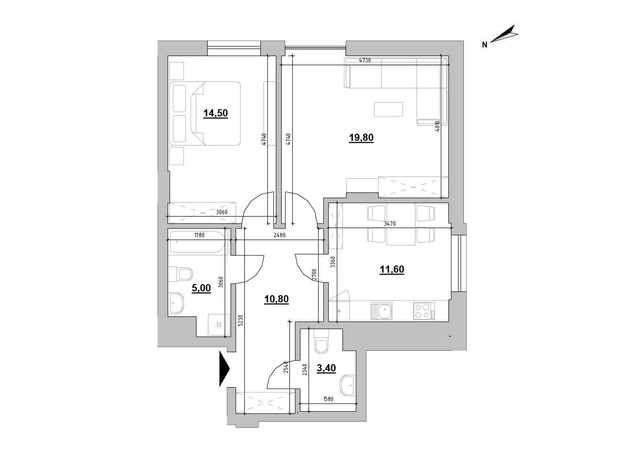 ЖК Велика Британія: планировка 2-комнатной квартиры 65.1 м²