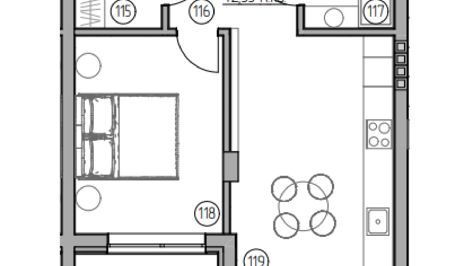 Планування 1-кімнатної квартири в ЖК Panorama 42.35 м², фото 696447