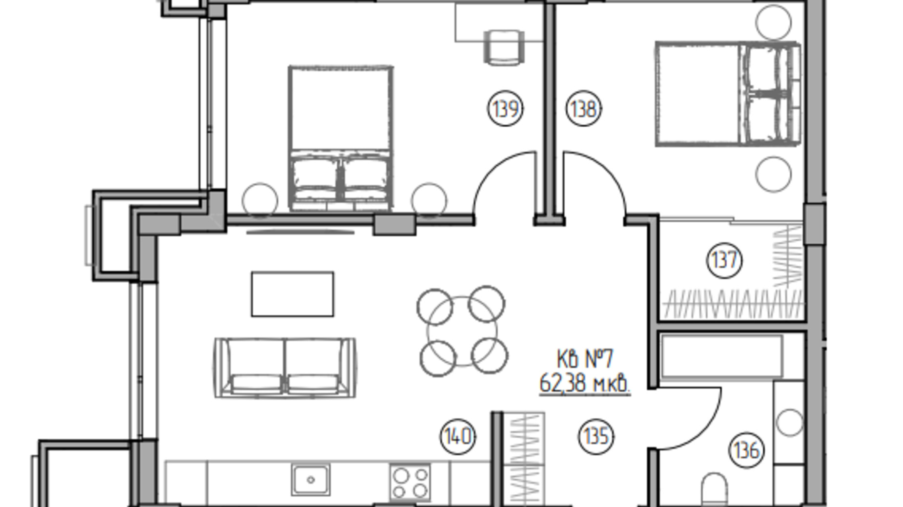 Планування 2-кімнатної квартири в ЖК Panorama 62.38 м², фото 696450