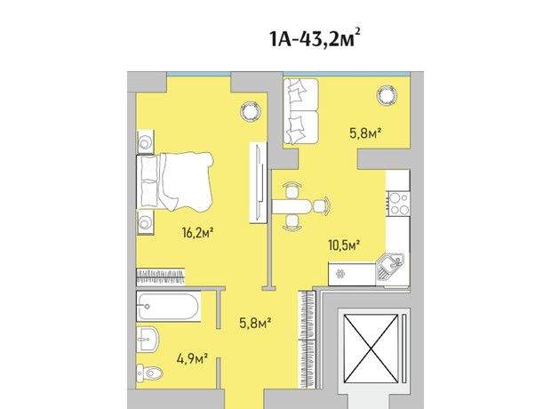 ЖК Park Estate: планування 1-кімнатної квартири 43.2 м²