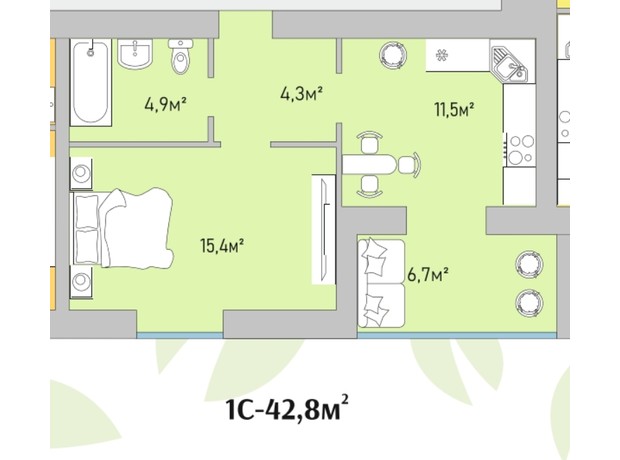 ЖК Park Estate: планування 1-кімнатної квартири 42.8 м²