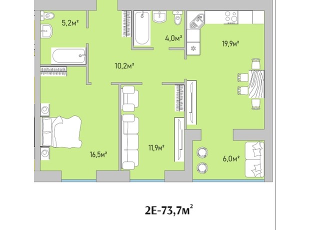 ЖК Park Estate: планування 2-кімнатної квартири 73.7 м²