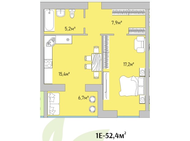 ЖК Park Estate: планировка 1-комнатной квартиры 52.4 м²