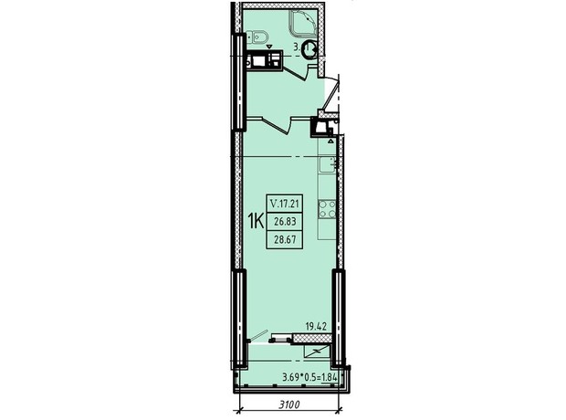 ЖК Эллада: планировка 1-комнатной квартиры 28.67 м²