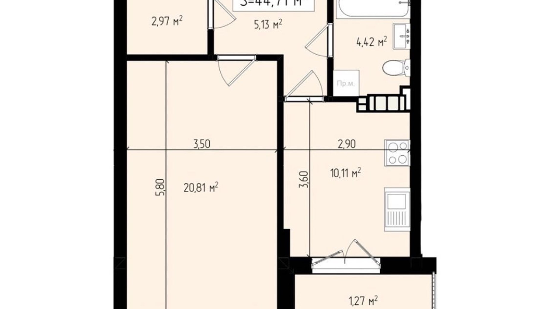 Планировка 1-комнатной квартиры в ЖК Mala Praha 44.7 м², фото 697342