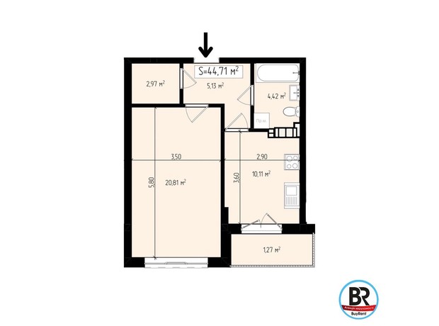 ЖК Mala Praha: планировка 1-комнатной квартиры 44.7 м²