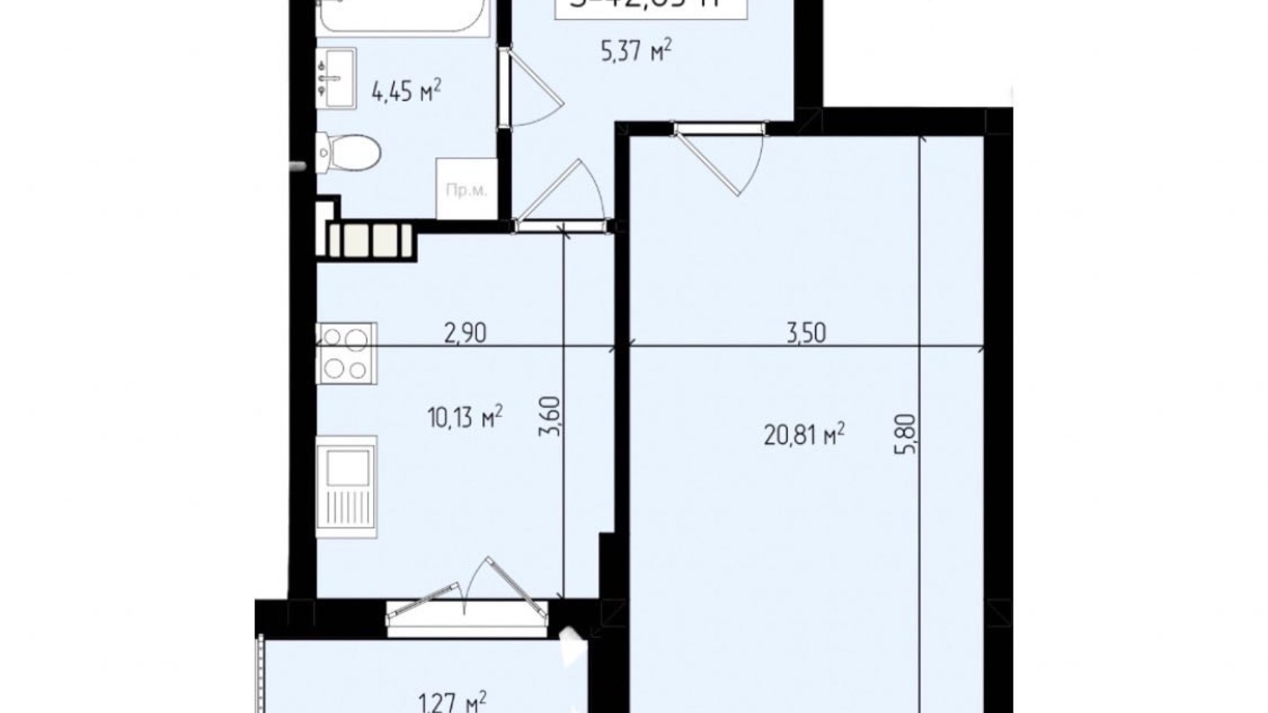 Планировка 1-комнатной квартиры в ЖК Mala Praha 42 м², фото 697343