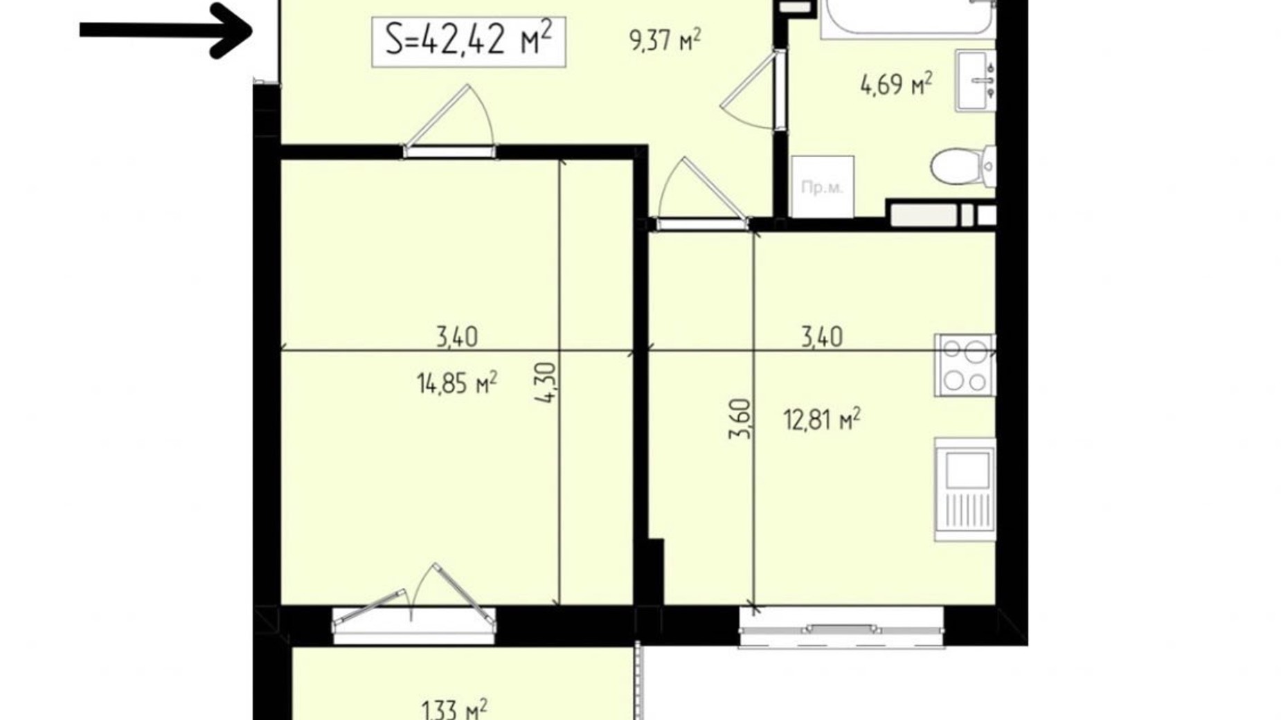 Планировка 1-комнатной квартиры в ЖК Mala Praha 42.4 м², фото 697348