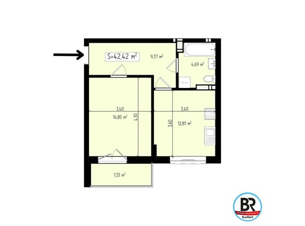 ЖК Mala Praha: планировка 1-комнатной квартиры 42.4 м²