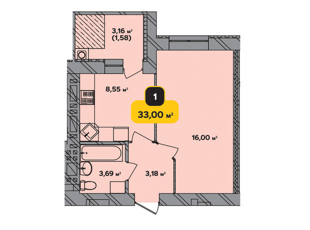 ЖК Студентський: планування 1-кімнатної квартири 33 м²