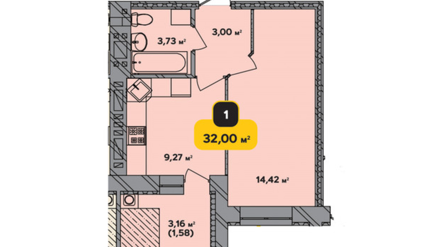 Планування 1-кімнатної квартири в ЖК Студентський 32 м², фото 697428