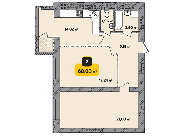 ЖК Студентський: планування 2-кімнатної квартири 68 м²