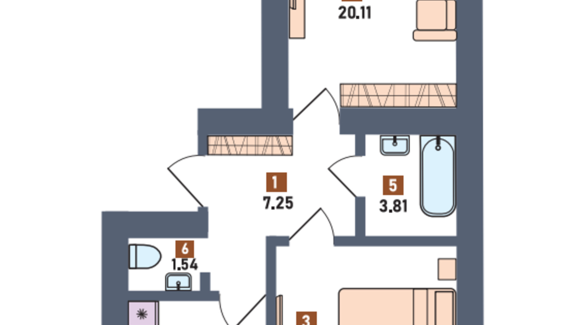 Планування 2-кімнатної квартири в ЖК Перший квартал 60.61 м², фото 697791