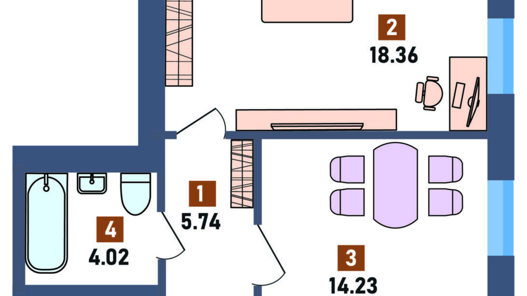 Планування 1-кімнатної квартири в ЖК Перший квартал 42.88 м², фото 697795