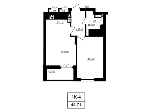 ЖК Щасливий Grand: планировка 1-комнатной квартиры 44.71 м²