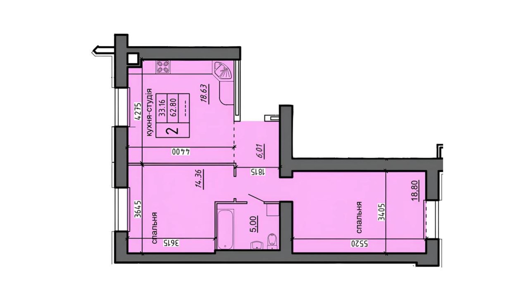 Планування 2-кімнатної квартири в ЖК Нові Байківці 62.8 м², фото 698224