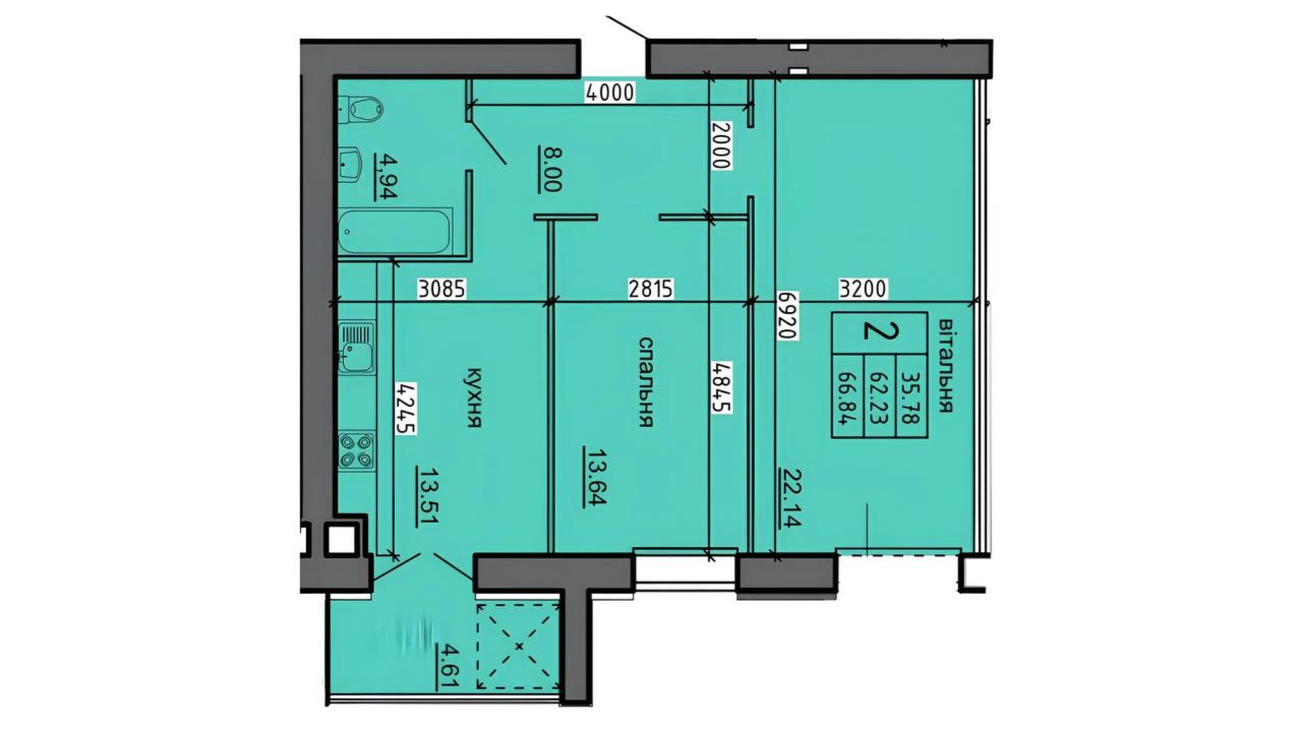 Планування 2-кімнатної квартири в ЖК Нові Байківці 66.84 м², фото 698225