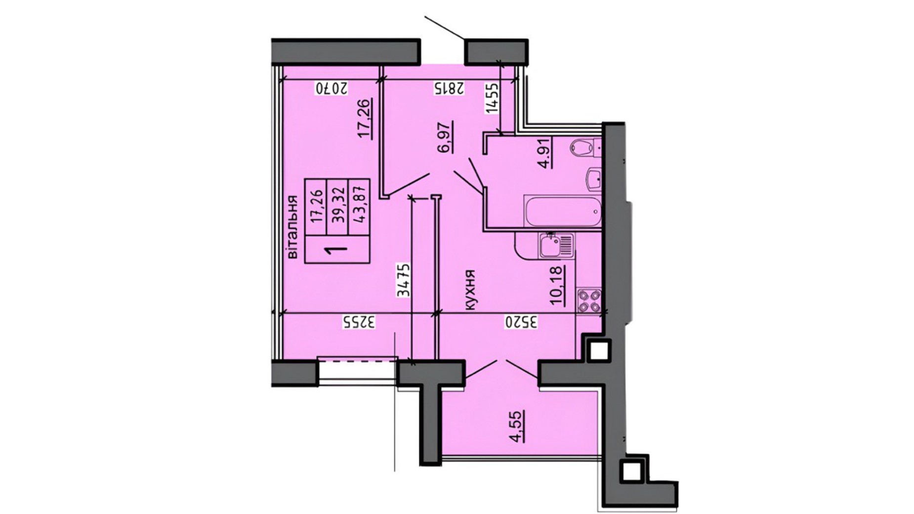 Планування 1-кімнатної квартири в ЖК Нові Байківці 43.87 м², фото 698229
