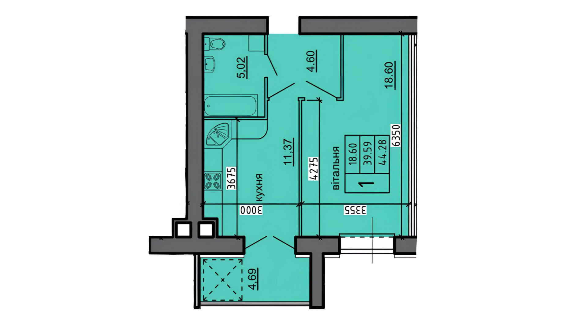 Планировка 1-комнатной квартиры в ЖК Новые Байковцы 44.28 м², фото 698230